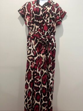 Red Leopard Print Jumpsuit with Tie Waist